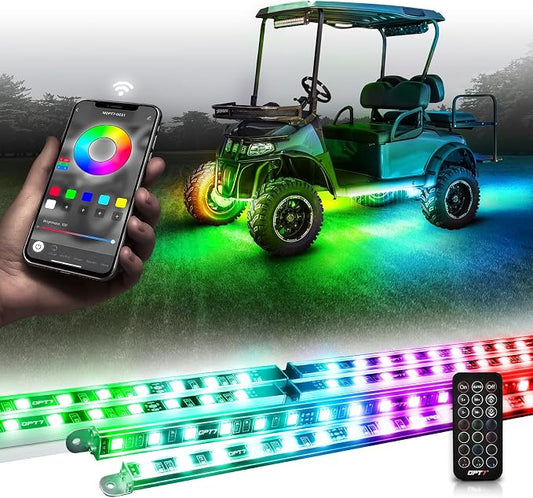 OPT7 Aura DreamColor 12V Golf Cart Underglow Chasing Light w/APP & Remote | Waterproof Rigid Aluminum Case, RGB-IC LED Bar, Sound Sync Lighting, Outdoor Accent Lights, EZGO Yamaha Club Car Accessories