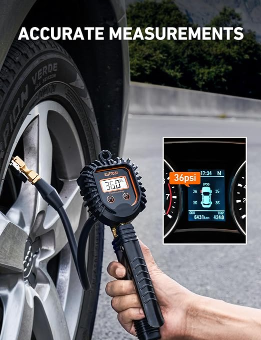 AstroAI 3-250 PSI Digital Tire Pressure Gauge Inflator, Heavy Duty Professional Air Compressor Accessories, ANSI B40.7 Grade 2A, Swivel Brass Air Chuck Compatible for Car/SUV/Truck/RV