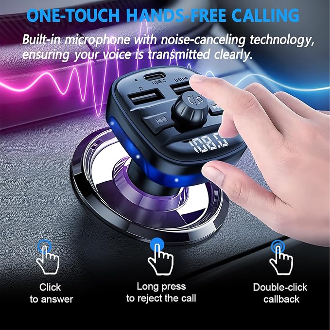 Bluetooth 5.3 Car Adapter Charger, Wireless FM Bluetooth Transmitter | Fast Charge Wireless Radio FM Transmitter with Deep Bass Player, LED Backlit, Hands-Free Calling,Support MP3 Player USB Drive