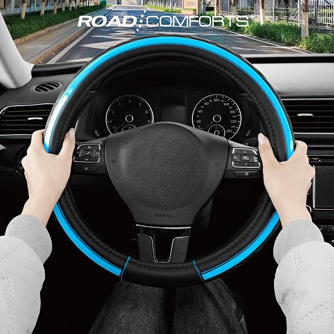 Road Comforts Leather Steering Wheel Cover – Black & Blue, Universal Fit 14.5-15 Inch, Microfiber Leather, Anti-Slip & Breathable Design for Men and Women