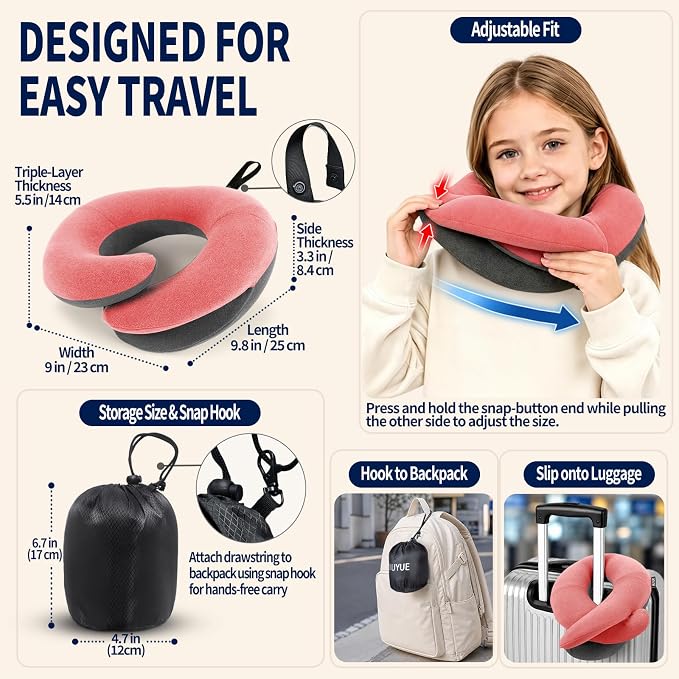 BUYUE Kids Travel Pillows for Airplane, Memory Foam 360° Head Support Sleeping Essentials for Girls Long Flight, Skin-Friendly Soft Neck Pillow for Traveling in Car Seat, (Small, Pink Grey, 40-90 lbs)