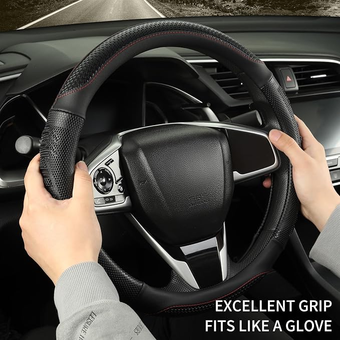 D Shaped Steering Wheel Cover Great Grip with 3D Honeycomb 14 inch | Anti-Slip Silicone Heavy-duty Microfiber Leather Sporty Design, Small 13.5 inch - 14 inch, All Black