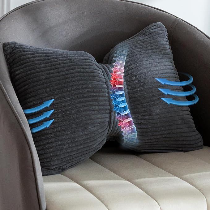 HIGOGOGO Lumbar Support Pillow for Recliner Chair, Bow Knot Shaped Back Support Cushion, Striped Corduroy Soft Decorative Lumbar Pillow for Office Chair, Sofa, Car, Bed, Living Room - Dark Grey