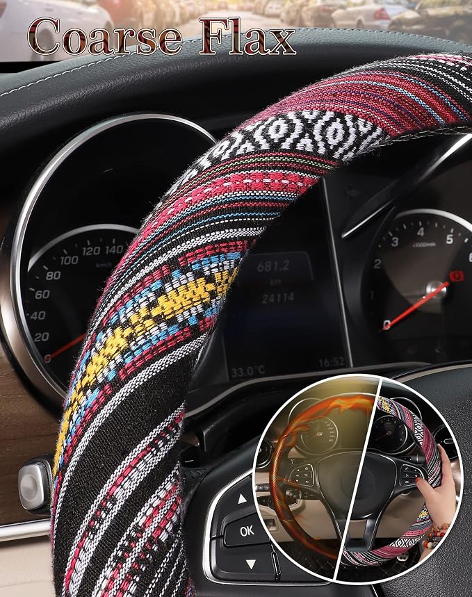 SEG Direct Boho Steering Wheel Cover, Baja Blanket Cloth, Coarse Flax | Bohemian Car Decor, Ethnic Style, Coarse Flax, Fabric Cover Fits 14 1/2-15 1/4 inches Standard Medium Size, for Women Men
