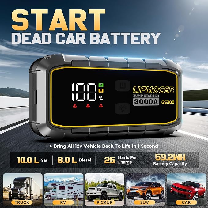 GS300 Car Jump Starter,3000A Portable Battery Jumper Starter for Up to 10.0L Gas & 8.0L Diesel Engines,59.2WH 12V Jump Box with Storage Case,USB Quick Charge,LCD Display,for Cars,Motorcycles,Trucks