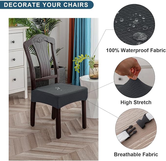 Genina Waterproof Seat Covers for Dining Room Chair Covers Waterproof Dining Chair Covers (6 PCS-Rear-Covered, Dark Gray)