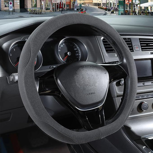 Gray Suede D Shaped Steering Wheel Cover 13.5 inch to 14 inch | Warm in Winter and Cool in Summer, Small Felt Car Accessories, Breathable Non-Slip Sweat-Proof Wear-Resistant