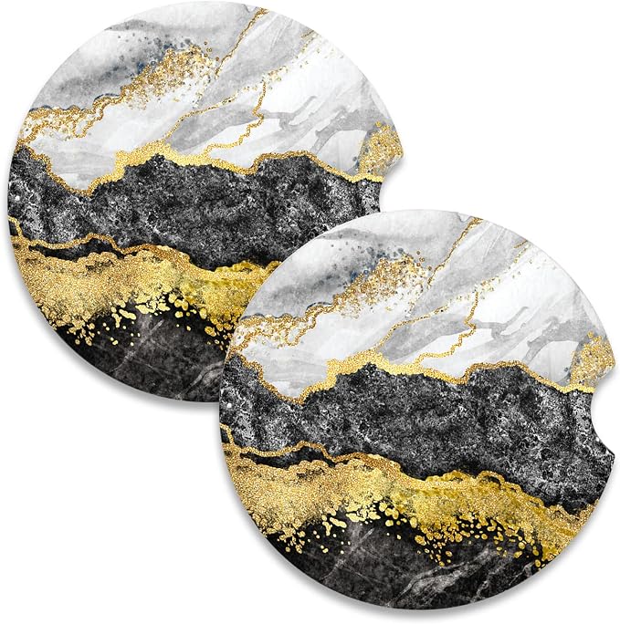 Nipichsha Car Coasters for Cup Holders, 2 Pack Absorbent Ceramic Car Cup Holder Coaster for Drinks, Cute Auto Assecories for Women, Size 2.56 in with Finger Notch & Cork Base, Grey Black Gold Marble