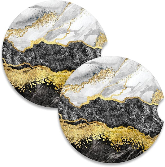 Nipichsha Car Coasters for Cup Holders, 2 Pack Absorbent Ceramic Car Cup Holder Coaster for Drinks, Cute Auto Assecories for Women, Size 2.56 in with Finger Notch & Cork Base, Grey Black Gold Marble