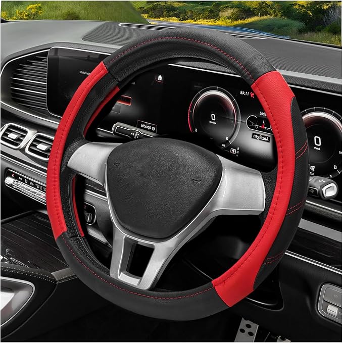 Sport Leather Steering Wheel Cover, 14.5-15 Inch Breathable Auto Steering Wheel Protector with Anti-Slip Lining, Soft Comfortable Leather Wheel Protector for Cars Trucks SUVs (Black & Red)