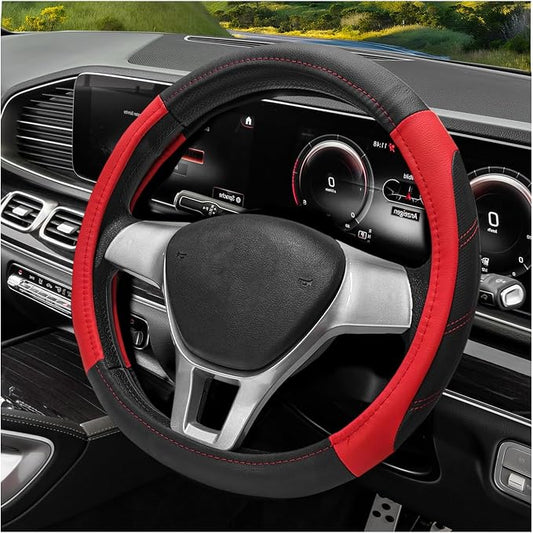 Sport Leather Steering Wheel Cover, 14.5-15 Inch Breathable Auto Steering Wheel Protector with Anti-Slip Lining, Soft Comfortable Leather Wheel Protector for Cars Trucks SUVs (Black & Red)