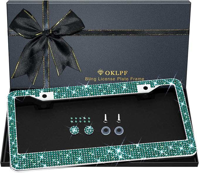 Bling License Plate Frame for Women, Sparkly Stainless Steel License Plate Frames| Over 1200 pcs 14 Facets Bedazzled Clear Glass Diamond Rhinestone Crystals w/Free Glitter Diamond 1PCS Box (Green)