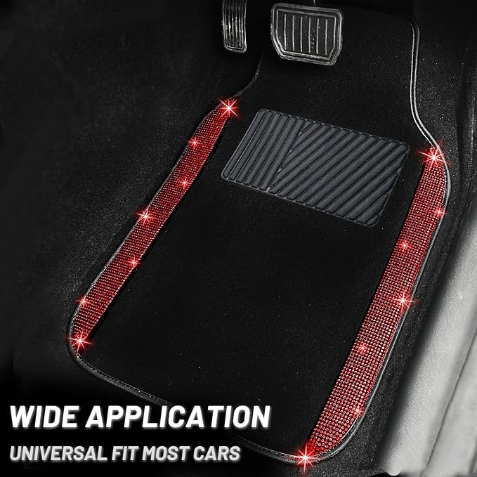 NBTEPEM Bling Car Floor Mats Full Set and Steering Wheel Cover, Universal Fit Most Cars, 4 pcs Sparkle Glitter Diamond Carpet, 5 pcs Bling Car Accessories Set for Women (Red Diamond)