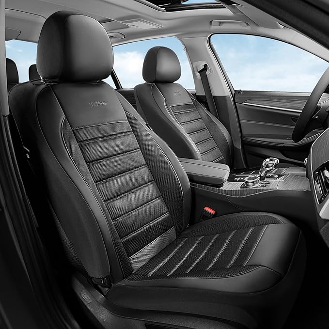 Coverado Car Seat Covers Front Seats Luxury Leather Automotive Mesh 2 Pack Airbag-Compatible Universal Fit Seat Protector Seat Cushion for SUV Sedan Truck Black