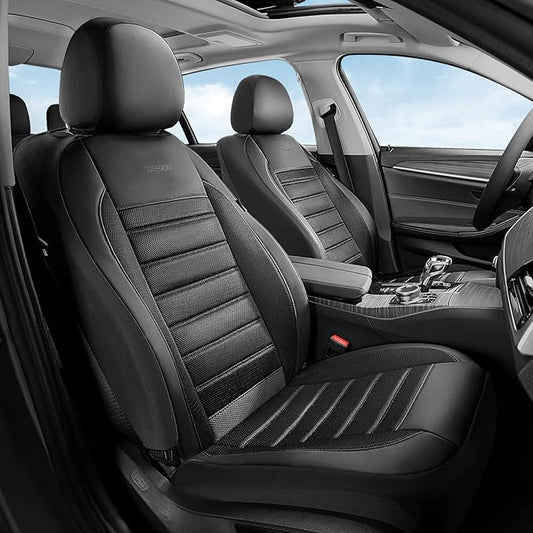 Coverado Car Seat Covers Front Seats Luxury Leather Automotive Mesh 2 Pack Airbag-Compatible Universal Fit Seat Protector Seat Cushion for SUV Sedan Truck Black