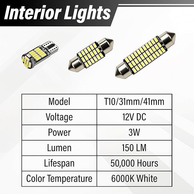 ecocstm 24 PCS LED Interior Car Lights, T10 31mm 41mm LED Interior Lights Replacement Kit, 12V Interior Led Lights for Cars Dome, Map, License Plate, Door, Trunk, Indicator Light (White)