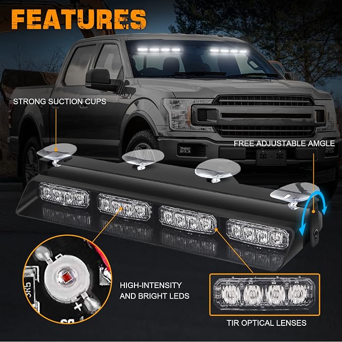 XRIDONSEN 2x 14 inch Emergency Dash Lights 32 LED White Strobe Lights | Interior Safety Warning Hazard Caution Front/Rear Windshield Light Bar w/ Controller for Construction Vehicles Trucks Car