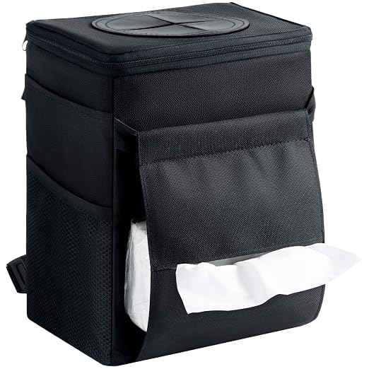 Lifewit Car Trash Bin, 2 Gallon Leakproof Waterproof Vehicle Garbage Can with Lid & Tissue Holder, Car Interior Organizer for Front/Back/Console, Automotive Accessory, Black