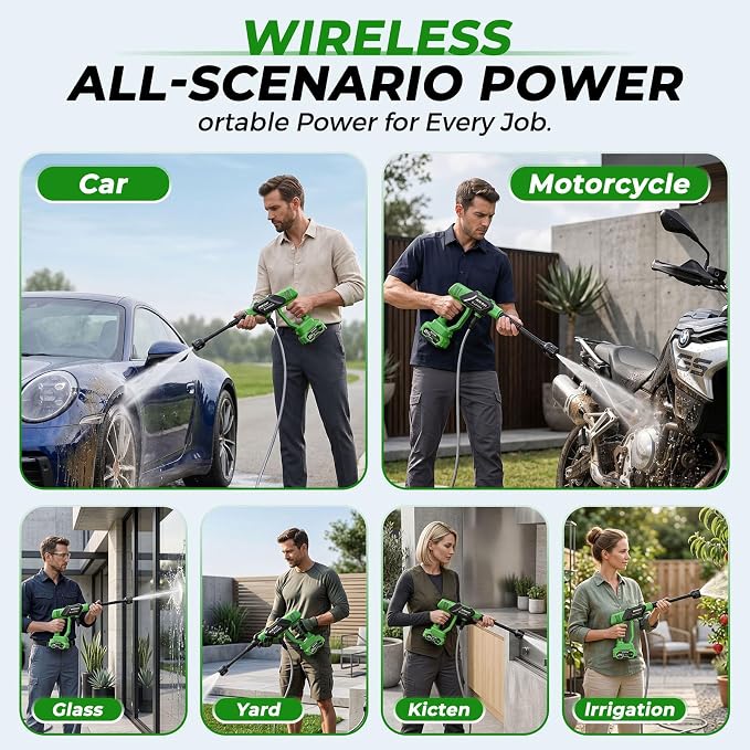 Cordless Portable Cleaning Tool with 2×4000mAh Batteries & Power Display | 6-in-1 Nozzle & 16.4FT Hose – Lightweight Handheld Power Cleaner for Car, Driveway, Garden, Patio, Fence