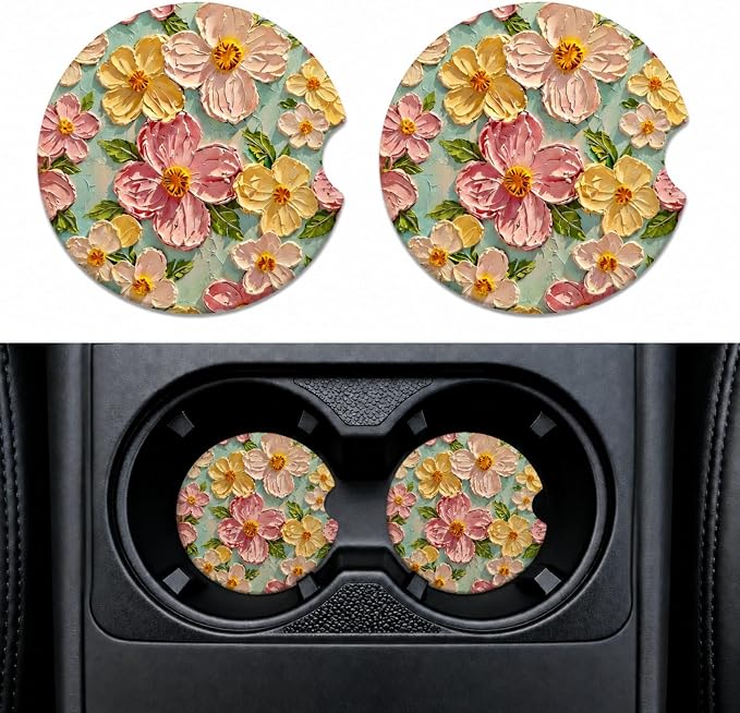 2Pack Car Cup Holder Coasters Absorbent Ceramic Coaster 2.56" for Women & Men Auto Flower Cute Car Accessories