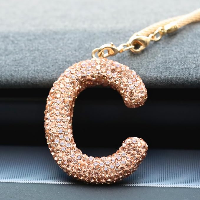 Bling Car Accessories for Women Letter Charm, Rainbow Crystal Rearview Mirror Pendant, Cute Diamond Rhinestone Car Decor, Lucky Gift for Women(C, Champagne Gold)