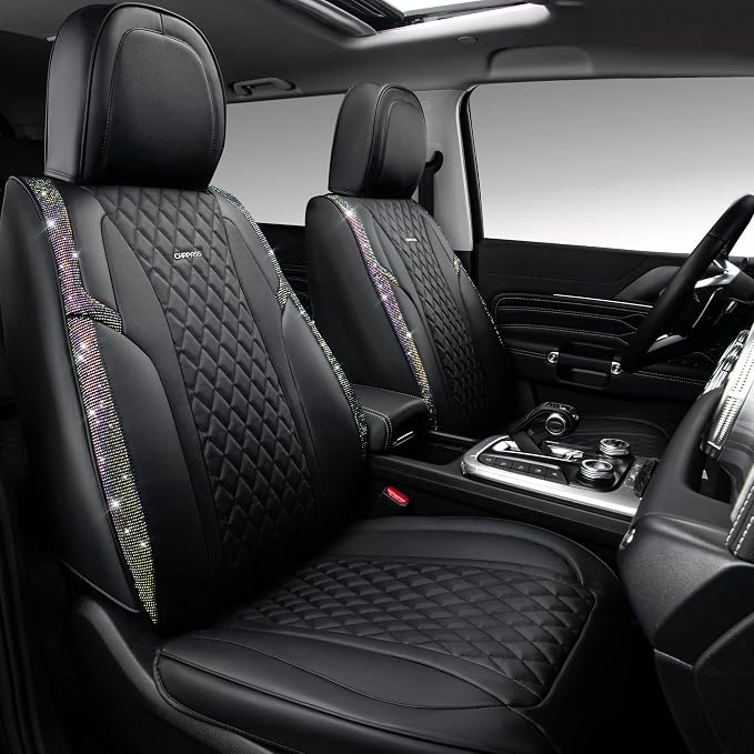 CAR PASS Iridescent Diamond &NAPPA Calfskin Leather Cushioned,Bling Seat Covers,Waterproof Heavy-Duty Anti-Slip,Universal Fit for Auto SUV Sedan,Sparkly Glitter Shining Rhinestone Full Set, Multicolor
