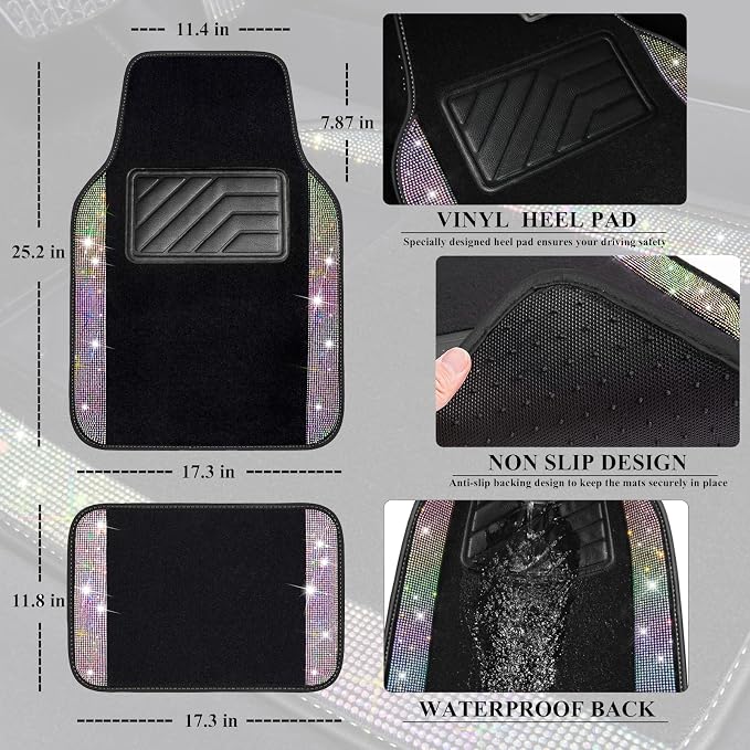 CAR PASS Iridescent Bling Rhinestones Diamond Car Floor Mats Waterproof, Anti-Slip PVC Heel Pad, Universal for Automotive SUV,Sedan,Van,4pcs Girl Women Lady Sparkly Shining Multicolor Colorful Crystal