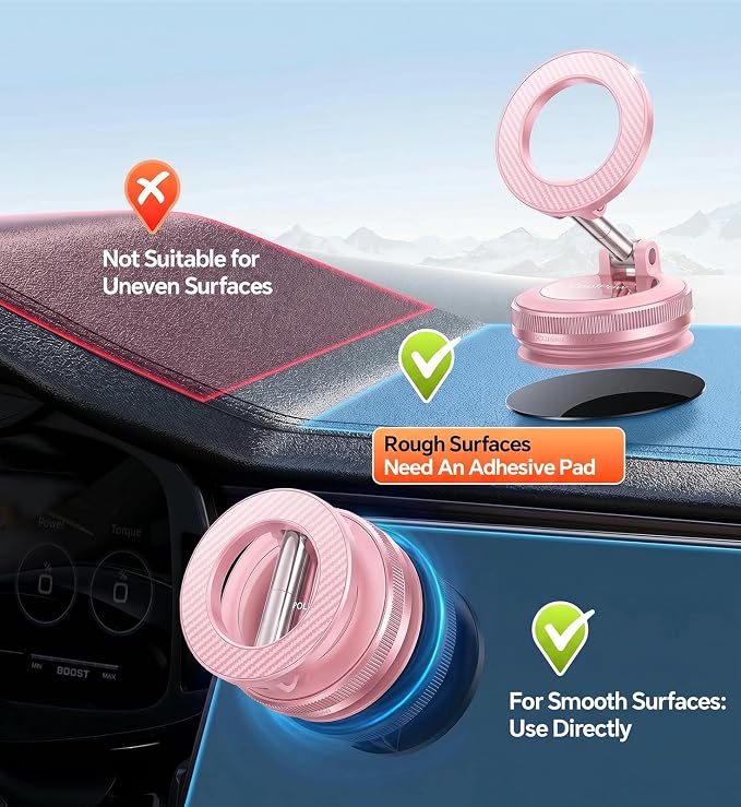 Coolpow【Newest Vacuum Magnetic Phone Holder for Car Phone Holder Mount【Movable Vacuum Suction】 Magsafe Car Mount Cell Phone Holders for Your Car Accessories for Women Men for iPhone 17 16-Light Pink