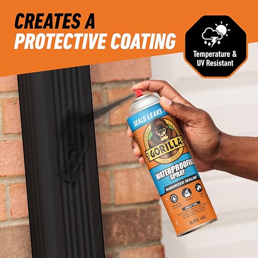 Gorilla Waterproofing Spray Black, Flexible Rubberized Sealant Coating, Paintable UV Resistant, Seals Water Air Moisture, 16 oz (Pack of 6), for Roofs Gutters Skylights RVs Windows & More