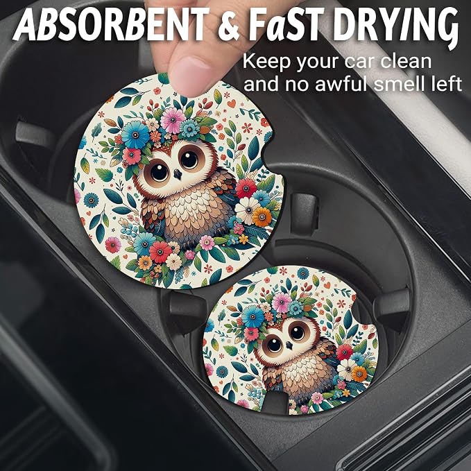 Yonlevres Car Coasters for Cup Holders，2.75" Universal Size Anti Slip Rubber Mat with A Finger Notch, 2 Pack Cup Holder Coasters for Car Interior Accessories for Women Men Flower Owl