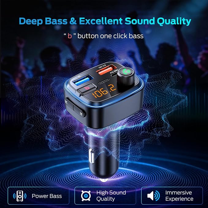 Bluetooth 5.4 Car Adapter Charging USB Bluetooth Adapter for Car,Wireless Fm Transmitter Radio,Handsfree Calling and Audio Receiver (Blue-48W)