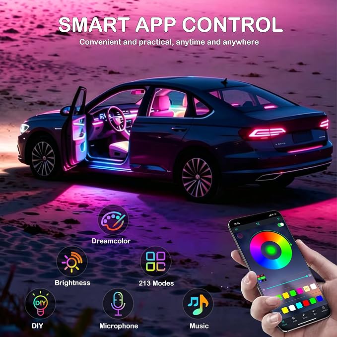 Interior Car LED Strip Lights with Wireless APP, Ambient Lighting Kits with Dynamic Dreamcolor Chasing, 16 Million Colors Acrylic LED Lights for Car, Sound Active Function Car Neon Lights (6 in 1)