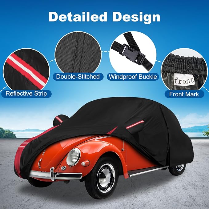 QUNSUNUS 6 Layer Car Cover for Volkswagen Beetle Bug 2 Door 1960-1980 Waterproof All Weather 210D Windproof for VW Beetle Bug Car Cover Hail Protection with Zipper