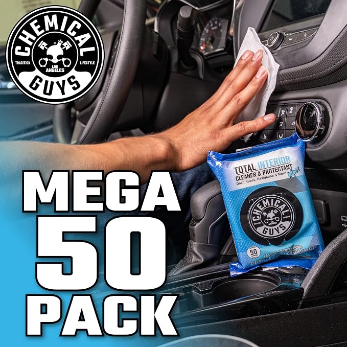 Chemical Guys, Total Interior Cleaner & Protectant Wipes, Multi-Use, 50 Ct | Multi-surface wipes clean dashboards, doors, seats and trim on the go, fifty per pack for quick interior touch-ups