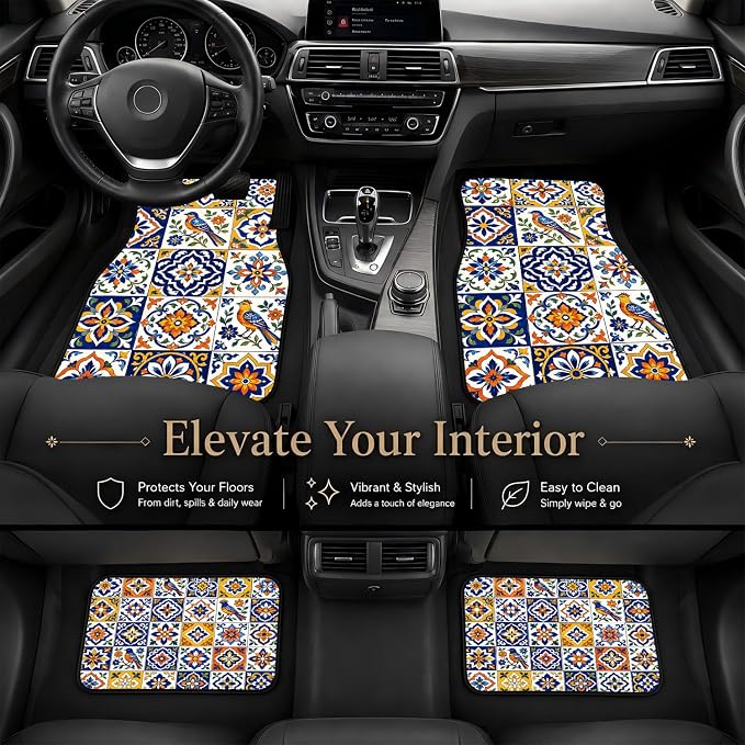 Tile Car Floor Mats Set of 4 Blue Bird Floral Pattern Car Accessories Foot Mats Rugs, Non-Slip,Decor for Universal Fit for Suvs Sedans Trucks Cars Auto Floor Carpets Rugs All-Weather