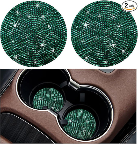 Ziciner 2PCS Bling Car Cup Holder Coaster, 2.73 Inch Anti-Slip Cup Insert Coasters, Crystal Rhinestone Auto Drink Cup Mat, Universal Interior Decor Car Accessories for Women Girls (Green)