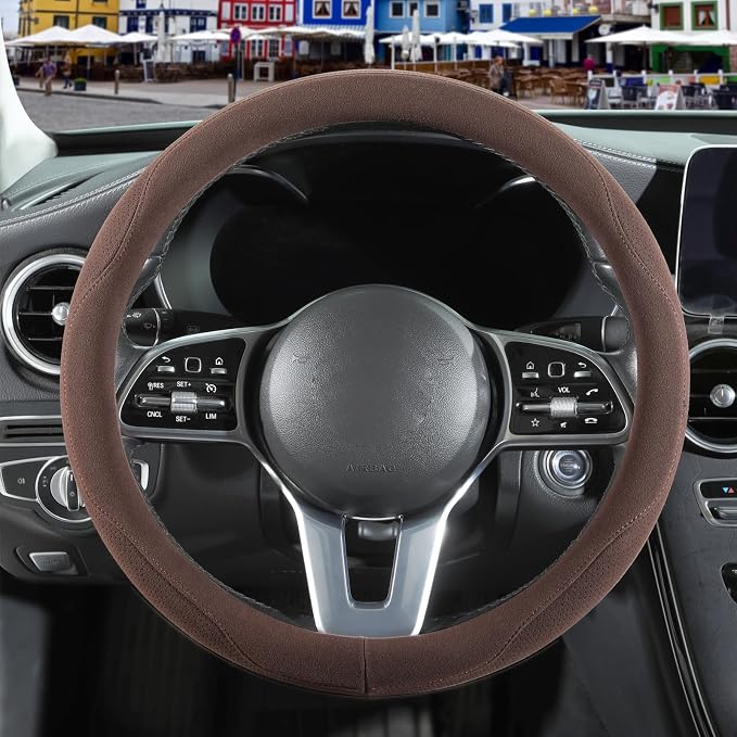 Brown Suede Steering Wheel Cover Large 15.5 inch to 16 inch | Warm in Winter and Cool in Summer, Breathable Non-Slip Sweat-Proof Wear-Resistant for Model X Model S Ford F150 F250 F350
