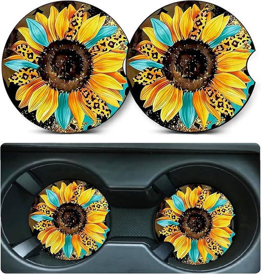 2 PCS Sunflower Leopard Car Cup Holder Coasters Universal Neoprene Coasters | 2.75" Universal Size Anti Slip Rubber Mat, Auto Cup Holder Decor for SUV Truck,Sunflowers Gifts for Women Mom Her Wife