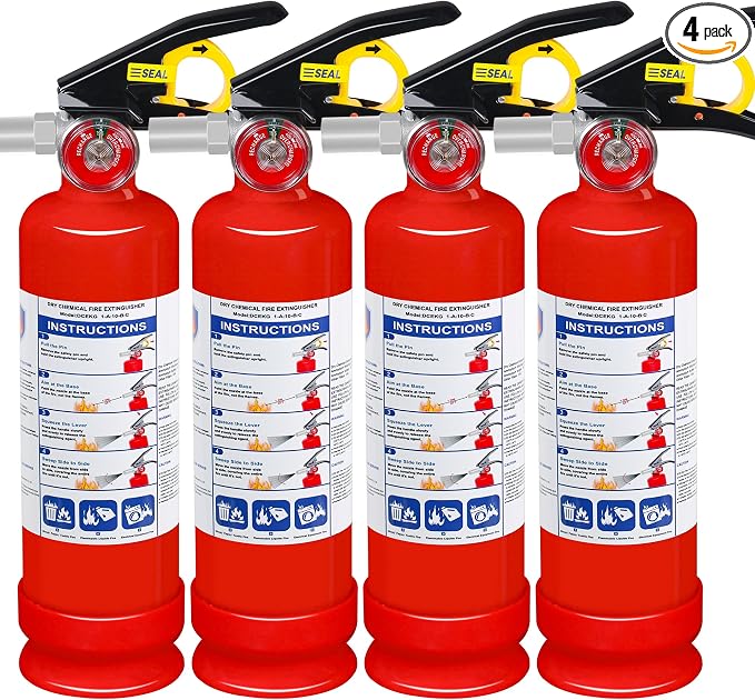 4 Pack ABC Dry Chemical Fire Extinguishers with Mount, 2.5 lb 1A:10B:C Rating for Home, Vehicle, Boat, Quick Release Handle, Compact & Portable Dry Powder Extinguisher
