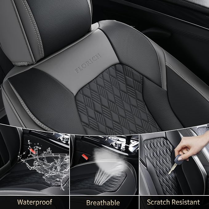 FLORICH Seat Covers, Car Seat Covers Front Seats, Luxury Nappa Leather Seat Covers, Breathable and Waterproof Car Seat Protector 2 Seat, Automotive Seat Covers Universal for Most Cars-Gray&Black