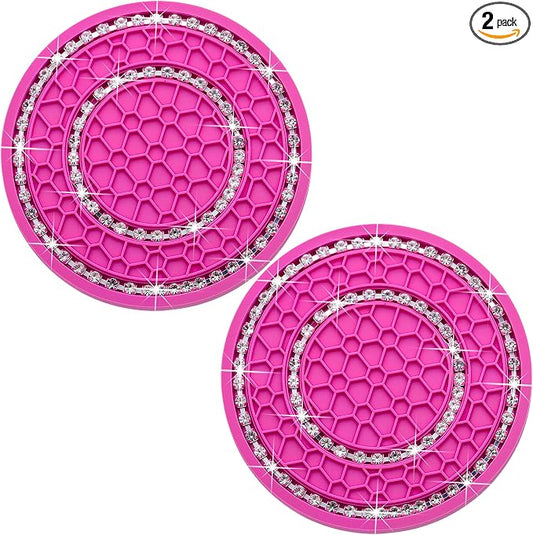 2PCS Bling Crystal Rhinestone Cup Holder Coaster, 2.75 inch Soft Silicone Anti-Slip Shockproof, Car Cup Holder Insert Coasters, Universal Car Interior Accessories for Women (Rose Red & White)