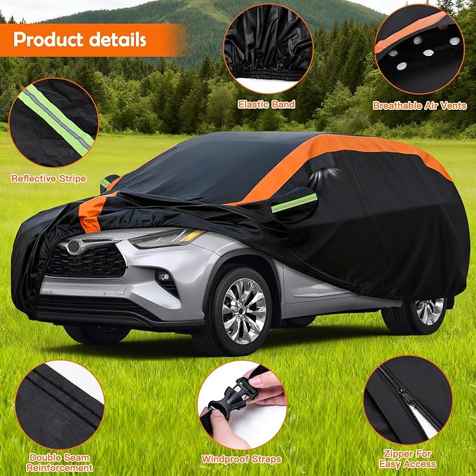 Universal Fit Car Cover for SUV Length 191-201in, Waterproof Automobiles Cover All Weather Compatible with Ford Explorer, Toyota Highlander, Kia Telluride, Hyundai Palisade, Honda Pilot