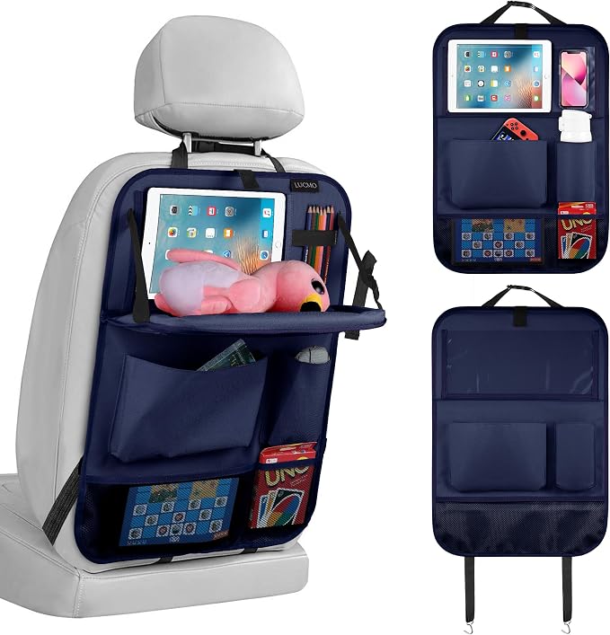 LUCMO Car Backseat Organizer with Foldable Tablet Holder, Dark Blue | 6 Storage Pockets,Foldable Food Tray,Protectors Kick Mats,Travel Accessories,Seat Cover,Road Trip Essentials