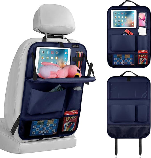 LUCMO Car Backseat Organizer with Foldable Tablet Holder, Dark Blue | 6 Storage Pockets,Foldable Food Tray,Protectors Kick Mats,Travel Accessories,Seat Cover,Road Trip Essentials