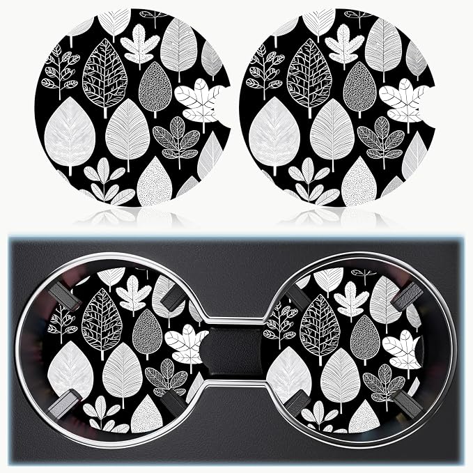 Car Cup Holder Coaster Set of 2, 2.56 in Ceramic Coasters, Scratch-Resistant Cork Backing, Finger Groove Design for Easy Placement, Cute Car Accessories Interior for Women (Black Leaves)