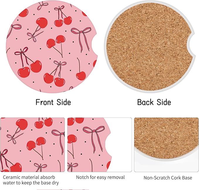 Cute Cherry Car Coasters,Absorbent 2 Pack for Cup Holders with Finger Notch,2.56 inches Ceramics Heat Resistant Anti Slip Cork Base Car Drinks Coasters Auto Cup Holder