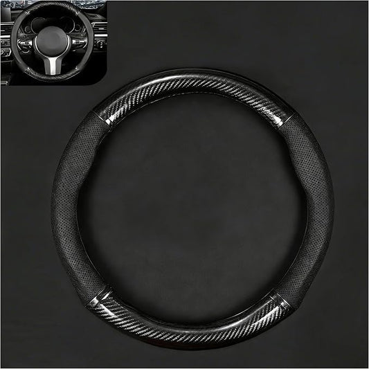 1 Pack Car Steering Wheel Cover Carbon Fiber, Leather Non-Slip Protector, Breathable All Season Universal Fit for Most Cars, Trucks, SUVs (Circular-Shape)