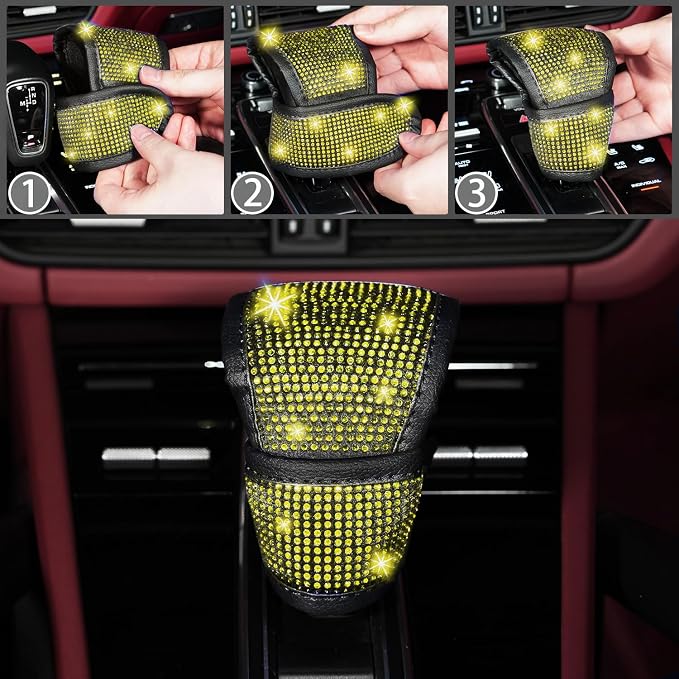 NBTEPEM 8 pcs Yellow Bling Car Accessories Set for Women, Steering Wheel Cover, Sparkly Seat Belt Covers, Bling Gear Shift Cover, Universal Fit Most Cars (Yellow Diamond)