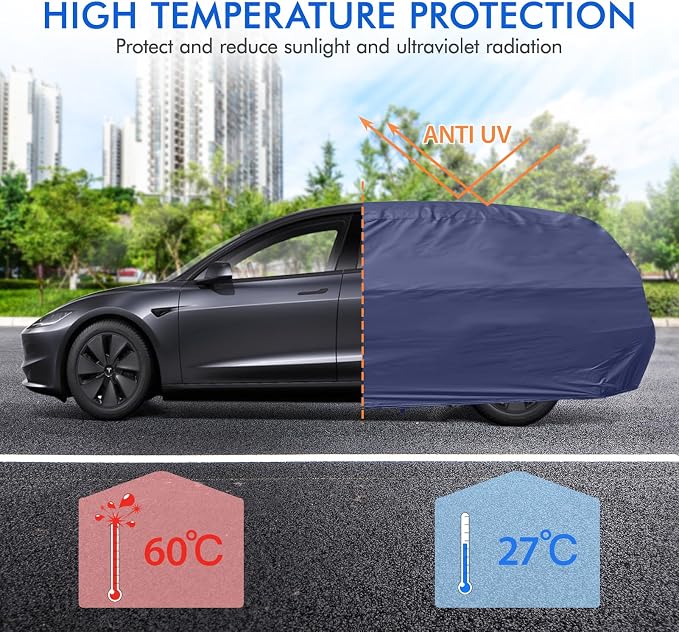 Tesla Model Y Car Cover Waterproof All Weather, 6 Layers Outdoor Full Exterior Cover Rain Sun UV Snowproof Protection with Zipper Cotton, Mirror Pocket and Charging Port