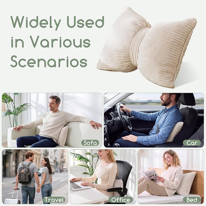 HIGOGOGO Lumbar Support Pillow for Recliner Chair, Bow Knot Shaped Back Support Cushion, Striped Corduroy Soft Decorative Lumbar Pillow for Office Chair, Sofa, Car, Bed, Living Room - Beige